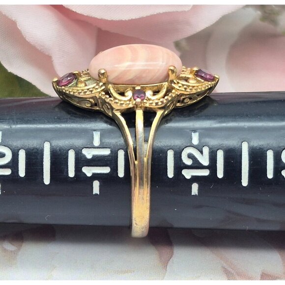 Karis STS Gold Tone Cocktail Ring Pink Center Large Size 11.5 Open Works Purple - Picture 9 of 9